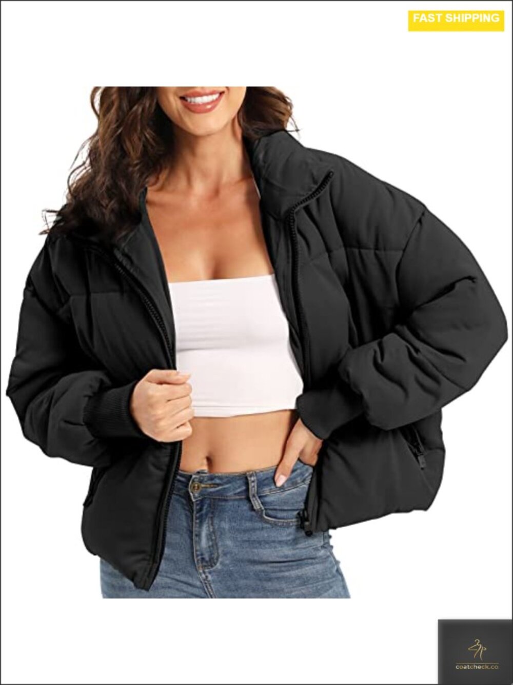 Quilted Puffer Jacket Cropped Lightweight Zip Up Women's Winter Coat